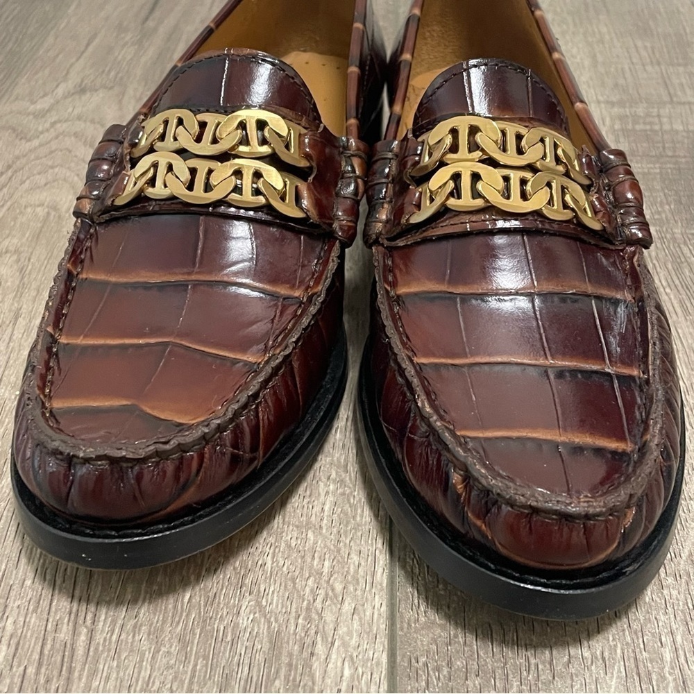 Sandro Brown Leather Croc Embossed Loafers Gold Chain Womens Size 37 US 6.5 NEW - Picture 4 of 11
